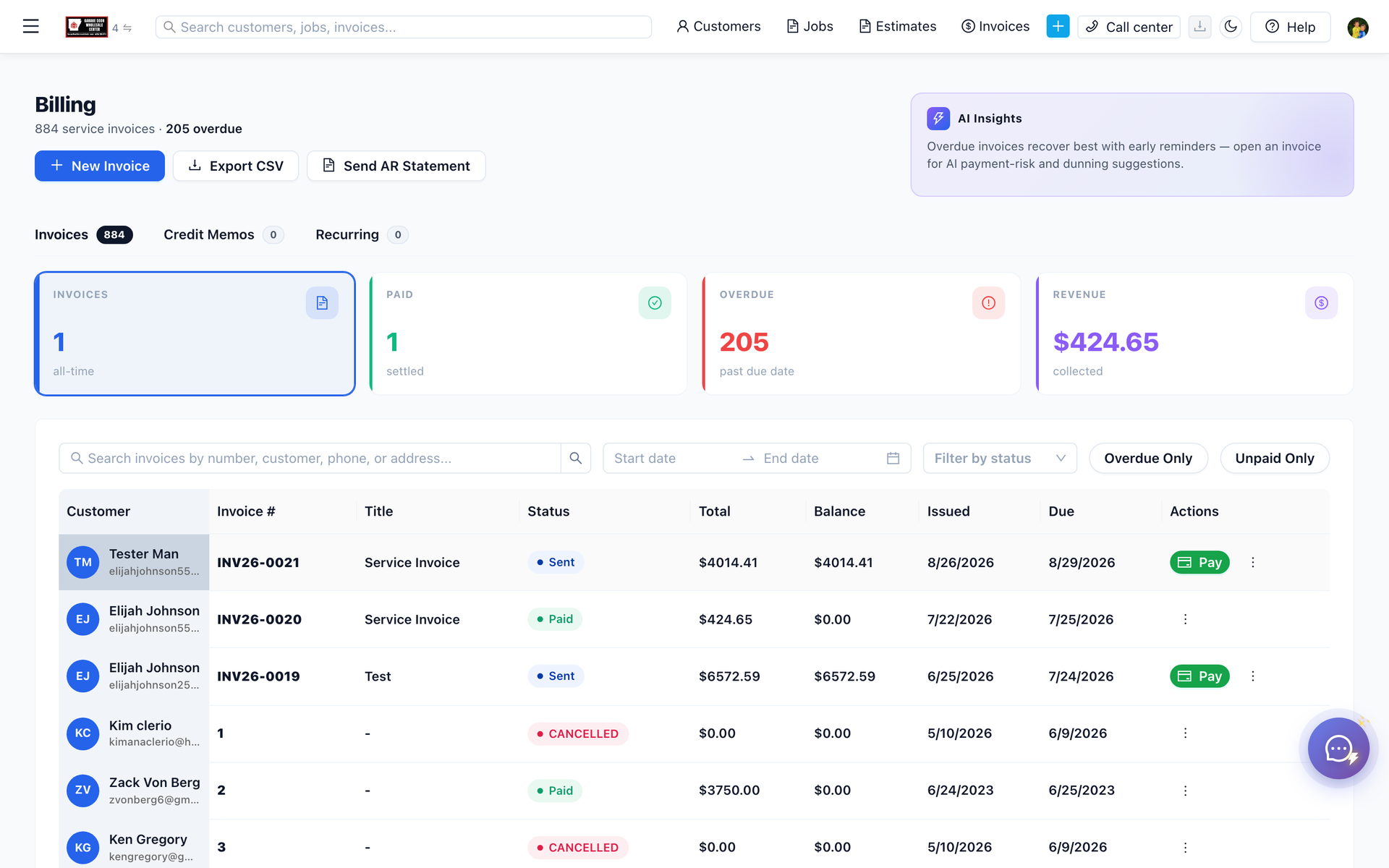 ServiceFlow invoice list ready for payment