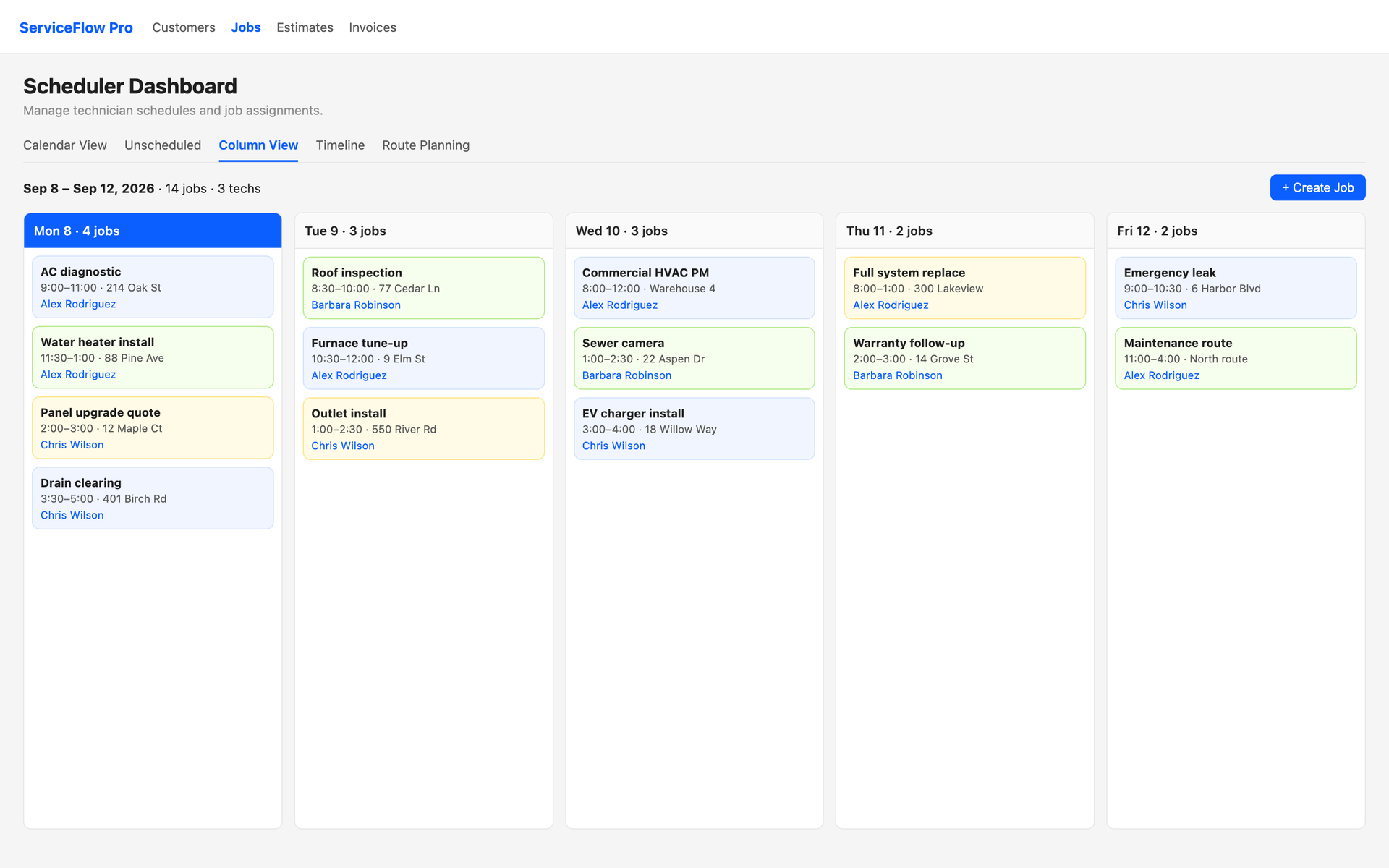 ServiceFlow dashboard with the schedule, jobs, and invoices