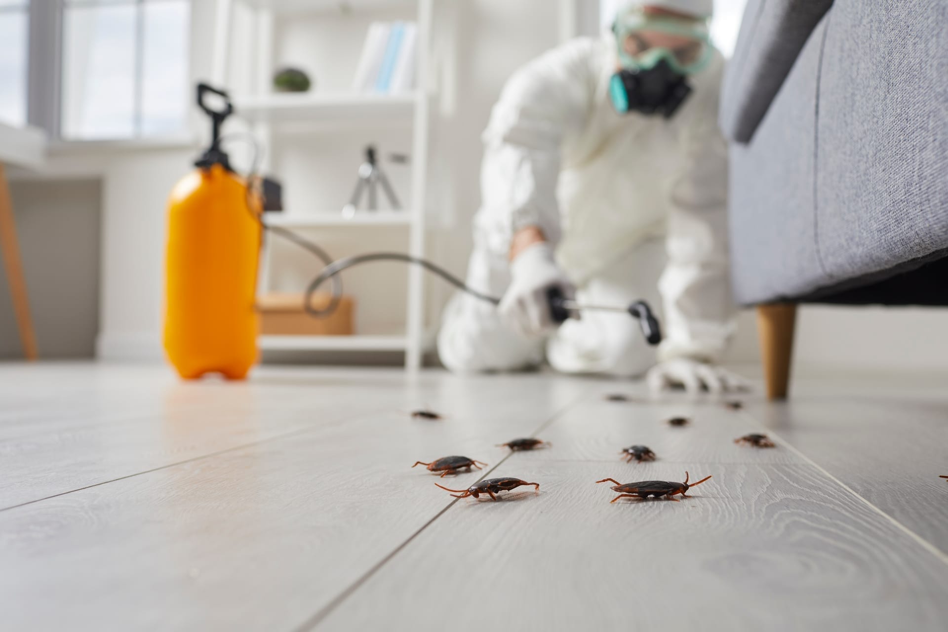 Pest control technician with tablet documenting treatment at residential or commercial property