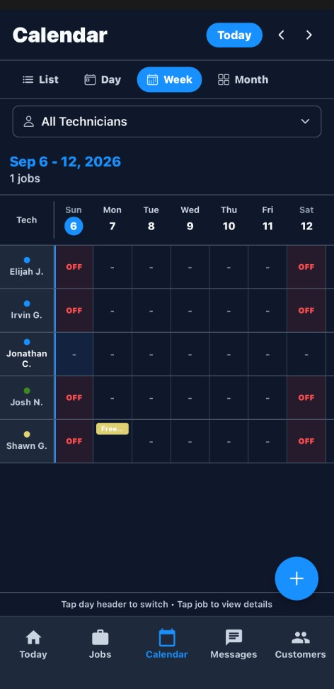 ServiceFlow Pro mobile app calendar week view