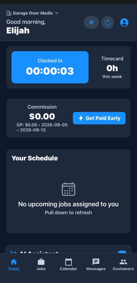 ServiceFlow mobile app today screen for a field technician